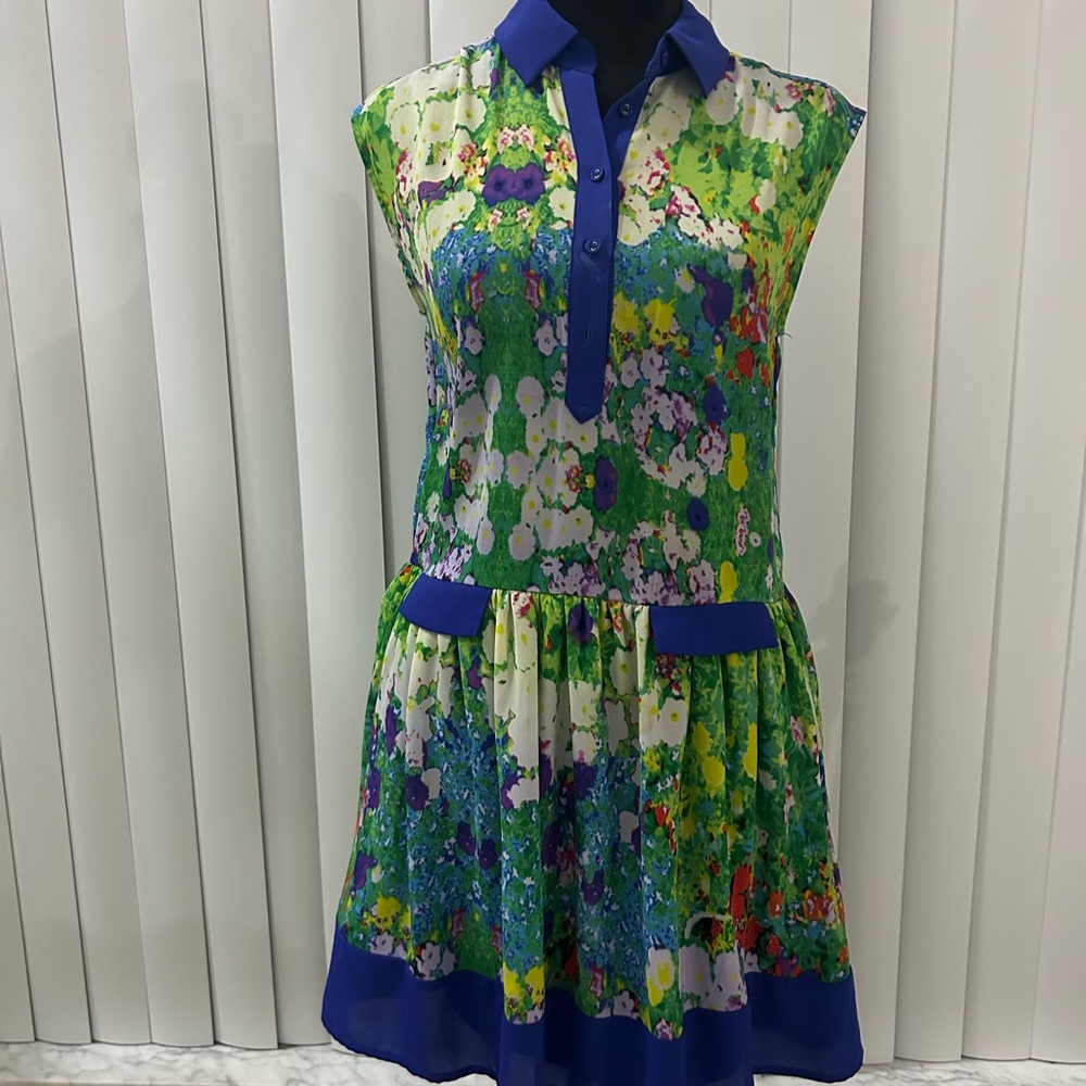 Nanette Lepore L’Amour Floral Dress Blue Trim Sleeveless Drop Waist Women Size S